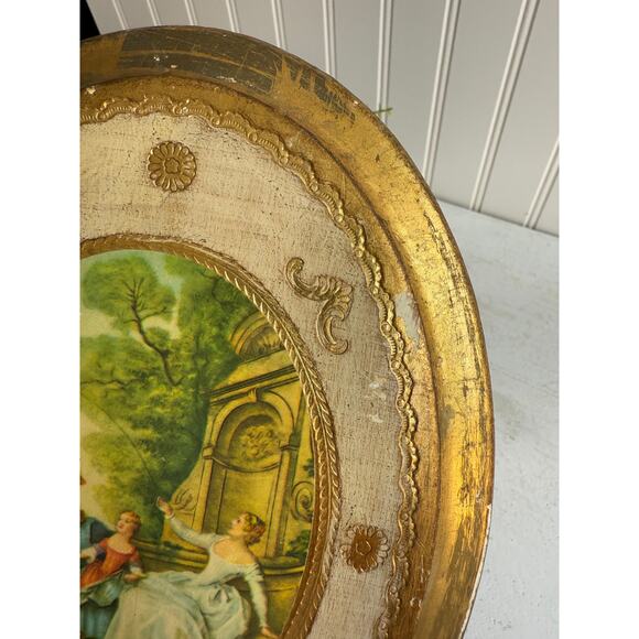 Vintage Italian Florentine Oval Wood Plaque Gold Gilt Rococo Garden Flying Kite - Picture 4 of 8